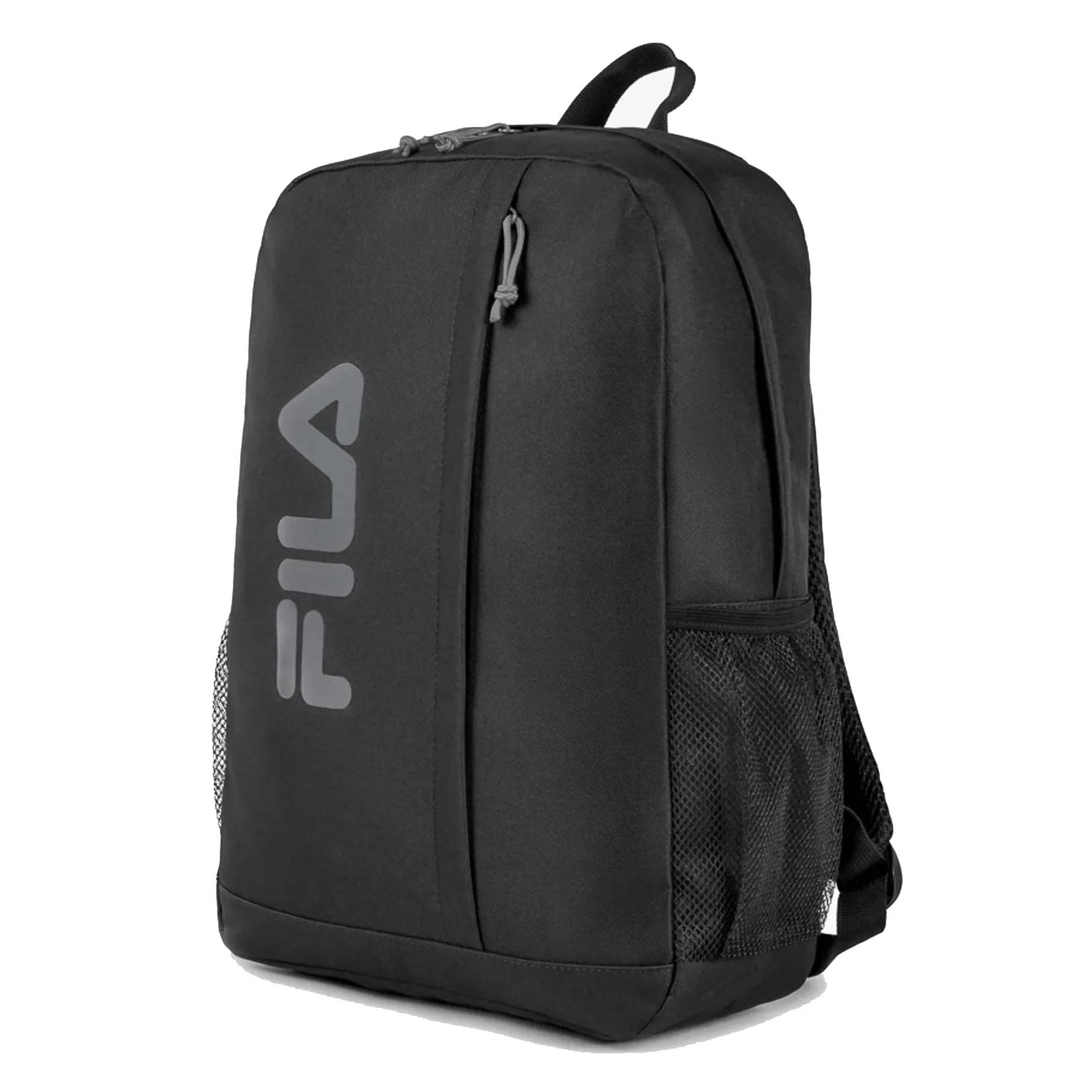 Mochila esportiva preta da FILA com bolso frontal e zíperes em fundo branco